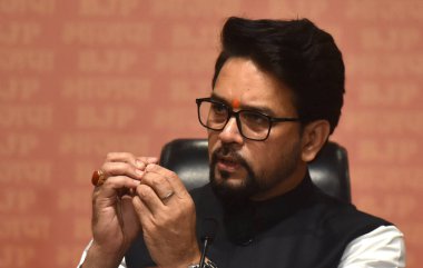 NEW DELHI INDIA JULY 22 2023 Minister for Information and Broadcasting Anurag Thakur addressing a press conference at BJP HQ at DDU Marg referred to some cases of crime against women registered in Rajasthan Bihar and West Bengal and slammed Congress  clipart