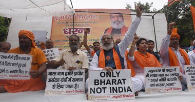 NEW DELHI INDIA JULY 22 2023 Activists of United Hindu Front staged a demonstration at Jantar Mantar urging the need to rename India as Bharat in alignment with our rich cultural heritage on July 22 2023 in New Delhi India The demands raised during t clipart