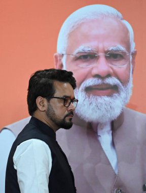 NEW DELHI INDIA JULY 22 2023 Minister for Information and Broadcasting Anurag Thakur addressing a press conference at BJP HQ at DDU Marg referred to some cases of crime against women registered in Rajasthan Bihar and West Bengal and slammed Congress  clipart