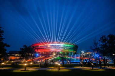 NEW DELHI INDIA JULY 25 2023 The redeveloped and illuminated ITPO complex at Pragati Maidan which will host the G20 leaders meeting in Septemberon July 25 2023 in New Delhi India Prime Minister Narendra Modi is likely to inaugurate it on July 26 Phot clipart