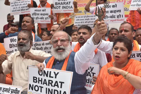 stock image NEW DELHI INDIA JULY 22 2023 Activists of United Hindu Front staged a demonstration at Jantar Mantar urging the need to rename India as Bharat in alignment with our rich cultural heritage on July 22 2023 in New Delhi India The demands raised during t