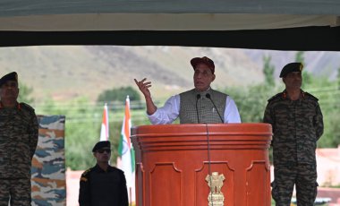 DRASS INDIA JULY 26 2023 Union Defence Minister Rajnath Singh addresses at the Kargil war memorial during Vijay Diwas or victory day celebrations on July 26 2023 in Drass India Kargil Vijay Diwas is celebrated every year to commemorate Indias victory clipart