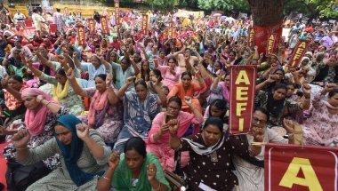 NEW DELHI INDIA JULY 28 2023 Anganwadi workers and helpers protest in support of their 14 point demands Nationwide protests under the banner of Anganwadi Employees Federation of India AEFIat Jantar mantar on July 28 2023 in New Delhi India The protes clipart