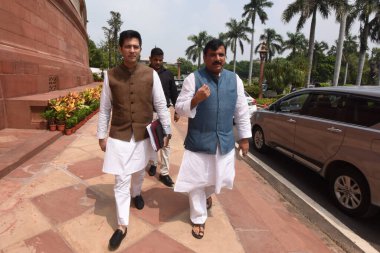 NEW DELHI INDIA JULY 31 2023 AAP Rajya Sabha MPs Sanjay Singh and Raghav Chadha at Parliament House complex during Monsoon session on July 31 2023 in New Delhi India Photo by Sonu Mehta Hindustan Times clipart