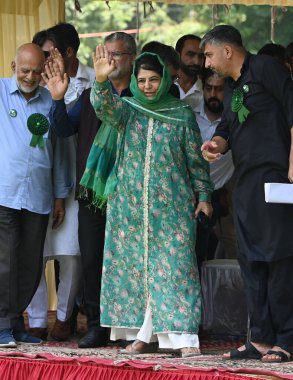 SRINAGAR ,INDIA, JULY 31, 2023 People's Democratic Party PDP President Mehbooba Mufti addresses an event on the 24th raising day of the PDP at Sher e Kashmir Park on July 31 ,2023 in Srinagar, India clipart