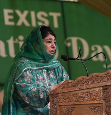 SRINAGAR ,INDIA, JULY 31, 2023 People's Democratic Party PDP President Mehbooba Mufti addresses an event on the 24th raising day of the PDP at Sher e Kashmir Park on July 31 ,2023 in Srinagar, India clipart