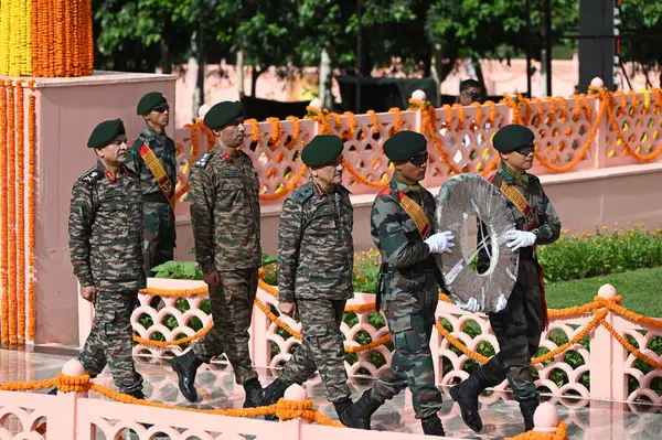 stock image DRASS INDIA JULY 26 2023 General Anil Chauhan Chief of Defence Staff paying tribute at the Kargil war memorial during Vijay Diwas or victory day celebrations on July 26 2023 in Drass India Kargil Vijay Diwas is celebrated every year to commemorate In