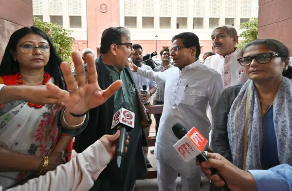 stock image NEW DELHI INDIA JULY 28 2023 Samajwadi Party MP Ram Gopal Yadav Cwith RJD MP Manoj Kumar Jha 2LCongress MP Pramod Tiwari 2RTMC MP Sushmita DevRand JMM MP Mahua Majhi Lat Parliament House complex during ongoing Monsoon session on July 28 2023 in New D