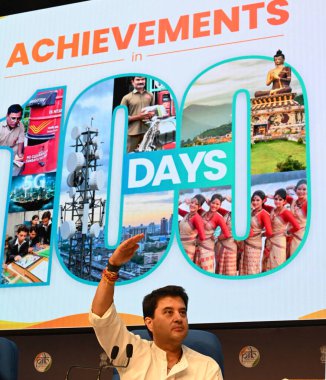 NEW DELHI INDIA SEPTEMBER 23 2024 Union Minister of Communications and Development of North Eastern Region Jyotiraditya Scindia address the media on achievements of the Ministry of Development of North Eastern Region in 100 days of Government at Nati clipart