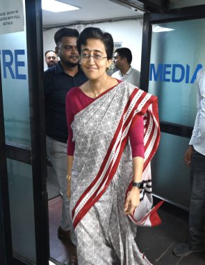 NEW DELHI INDIA SEPTEMBER 25 2024 Delhi Chief Minister Atishi during a press conference at Delhi Secretariat on September 25 2024 in New Delhi India Atishi said that under the leadership of Arvind Kejriwal the AAP government implemented minimum wages clipart