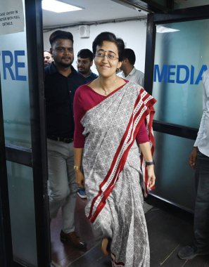 NEW DELHI INDIA SEPTEMBER 25 2024 Delhi Chief Minister Atishi during a press conference at Delhi Secretariat on September 25 2024 in New Delhi India Atishi said that under the leadership of Arvind Kejriwal the AAP government implemented minimum wages clipart