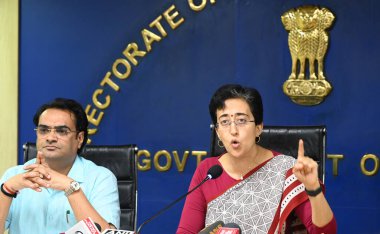 NEW DELHI INDIA SEPTEMBER 25 2024 Delhi Chief Minister Atishi with Delhi Cabinet minister Mukesh Kumar Ahlawat during a press conference at Delhi Secretariat on September 25 2024 in New Delhi India Atishi said that under the leadership of Arvind Kejr clipart