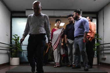 NEW DELHI INDIA SEPTEMBER 25 2024 Delhi Chief Minister Atishi arrives to address a press conference at Delhi Secretariat on September 25 2024 in New Delhi India Atishi said that under the leadership of Arvind Kejriwal the AAP government implemented m clipart