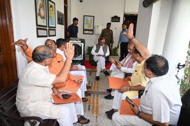 NEW DELHI INDIA SEPTEMBER 26 2024 Assembly LOP Vijendra Gupta along with BJP MLAs site out side Speaker Room Making assembly Session only for BJP MLA protesting against the Delhi Government and Speaker demanding the CAG report on table during the Ass clipart