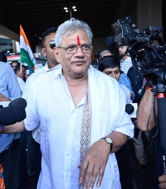 MUMBAI INDIA AUGUST 31 2023 Sitaram Yechury is an Indian marxist politician and the General Secretary of the Communist Party of India being welcomed upon his arrival at Chhatrapati Shivaji Maharaj International Airport ahead of the I N D I A bloc mee clipart