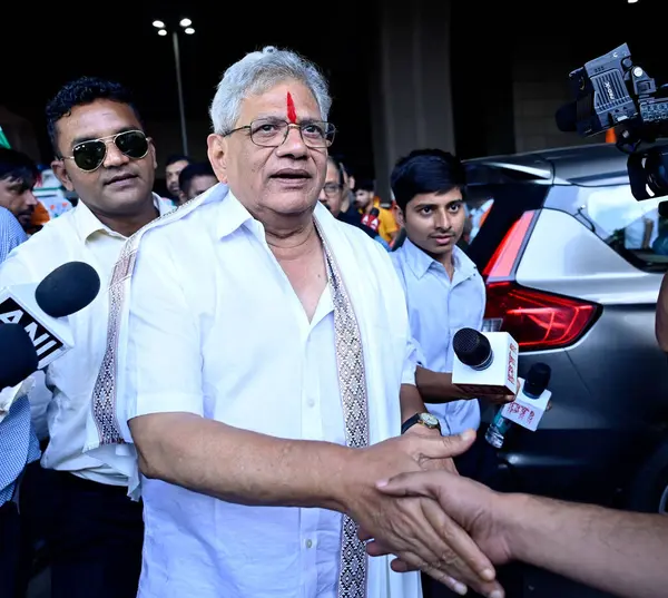 stock image MUMBAI INDIA AUGUST 31 2023 Sitaram Yechury is an Indian marxist politician and the General Secretary of the Communist Party of India being welcomed upon his arrival at Chhatrapati Shivaji Maharaj International Airport ahead of the I N D I A bloc mee