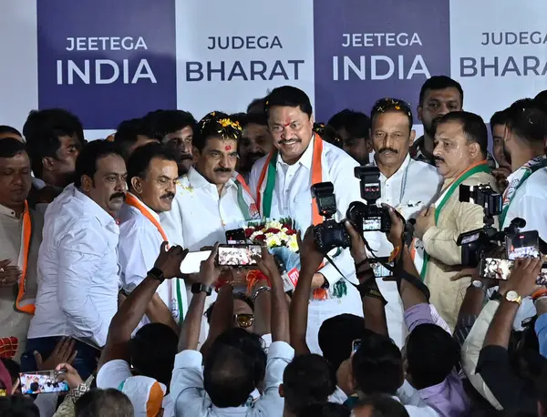 stock image MUMBAI INDIA AUGUST 31 2023 K C Venugopal is an Indian politician who is a Member of Parliament Rajya Sabha elected from Rajasthan and former member of parliament in Lower House and is a member of the Indian National Congress being welcomed upon his 