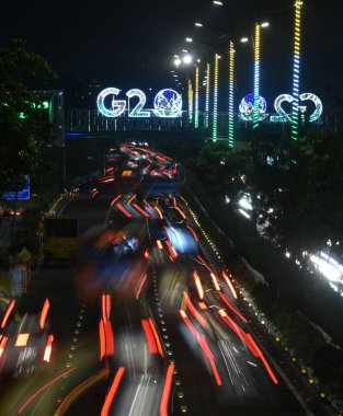 NEW DELHI INDIA AUGUST 31 2023 The illuminated Road ahead of G20 India Summit at Near Pragati Maiden on August 31 2023 in New Delhi India In preparation for the upcoming G20 Summit scheduled for September 9 and 10 the capital city is actively getting clipart