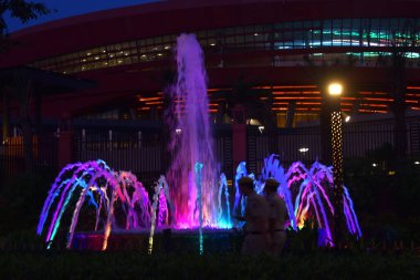 NEW DELHI INDIA AUGUST 31 2023 The illuminated fountain ahead of G20 India Summit at Near Pragati Maiden gate no 6 on August 31 2023 in New Delhi India In preparation for the upcoming G20 Summit scheduled for September 9 and 10 the capital city is ac clipart