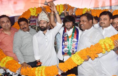 PATNA INDIA AUGUST 28 2023 Lok Janshakti Party Ramvilas president Chirag Paswan being garlanded during Milan Samaroh at party office on August 28 2023 in Patna India Photo by Santosh Kumar Hindustan Times clipart