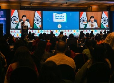 NEW DELHI INDIA AUGUST 28 2023 Subash Sarkar Minister of State for Education Government of India addressing the degates via Video Conference during Hindustan TimesEducation Summit 2023 on August 28 2023 in New Delhi India The second edition of the Hi clipart