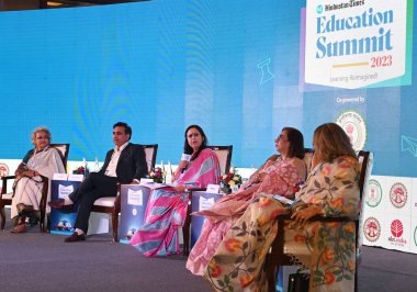 NEW DELHI INDIA AUGUST 28 2023 From Left Ms Aditi Misra Director Principal DPS Sector 45 Gurugram Dr Rajesh Hassija MD of Indraprastha Group of School Moderator Dr Ameeta Mulla Wattal Chairperson of Education and Scholarships DLF Foundation with Dr N clipart