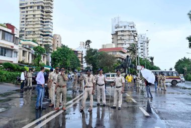 MUMBAI INDIA AUGUST 26 2023 Police bandobast near Mannat as members of Untouch India Foundation protest against actor Shah Rukh Khan as he is promoting gambling app outside Mannat bungalow Bandra on August 26 2023 in Mumbai India Photo by Vijay Bate  clipart