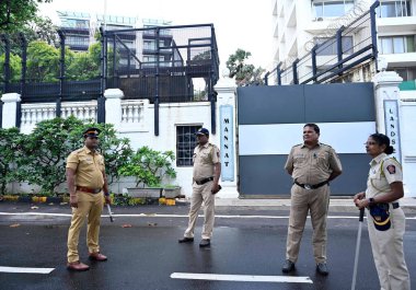 MUMBAI INDIA AUGUST 26 2023 Police bandobast near Mannat as members of Untouch India Foundation protest against actor Shah Rukh Khan as he is promoting gambling app outside Mannat bungalow Bandra on August 26 2023 in Mumbai India Photo by Vijay Bate  clipart