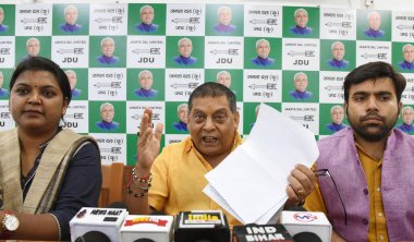 PATNA INDIA AUGUST 24 2023 JDU MLC Niraj Kumar addressing a press conference at JDU office on August 24 2023 in Patna India Photo by Santosh Kumar Hindustan Times clipart