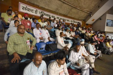 NEW DELHI INDIA AUGUST 24 2023 Farmer with Laber worker and Delegates during a national convention of workers and farmers jointly organised by Central Trade Unions and Samyukta Kisan Morcha at Talkatora Stadium on August 24 2023 in New Delhi India Ph clipart