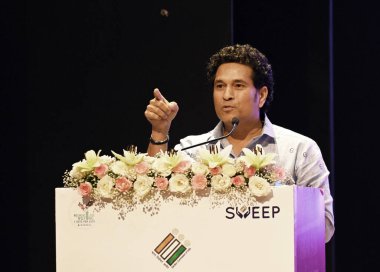 NEW DELHI INDIA AUGUST 23 2023 Former cricketer Sachin Tendulkar during an event where he was recognised as the National Icon of the Election Commission to encourage greater voter participation in the electoral process at Akashwani Bhawan on August 2 clipart