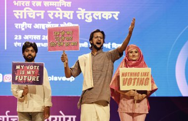 NEW DELHI INDIA AUGUST 23 2023 National School of Drama NSD students perform at a programme where cricket legend Sachin Tendulkar was recognised as National Icon of the Election Commission EC to encourage higher voter turnout at Akashwani Bhawan on A clipart