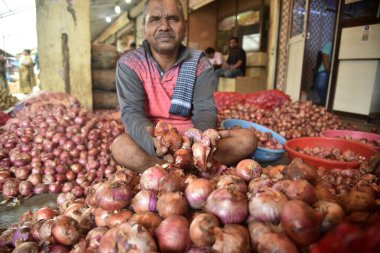 NAVI MUMBAI INDIA 22 AĞUSTOS 2023 APMC Pazar Sektörü 18 Ağustos 2023 tarihinde Navi Mumbai Hindistan 'da soğan satıcısının manzarası uzun bir düşüş sonrasında yine yükselişe geçerek merkez hükümet için endişe kaynağı oldu.