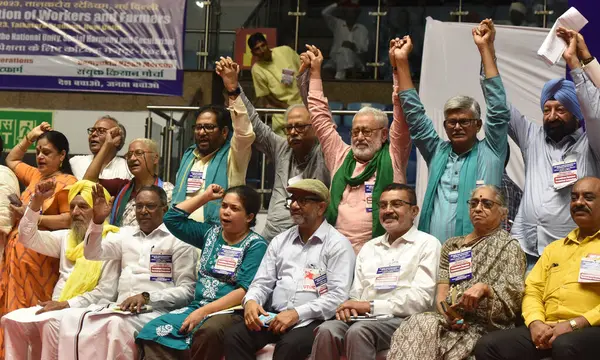 stock image NEW DELHI INDIA AUGUST 24 2023 Samyukt Kisan Morcha leader Darshan Pal CITU General Secretary Tapan Sen Social Activist Medha Patkar CPI leader Atul Kumar Anjaan All India Trade Union Congress AITUC General Secretary Amarjeet Kaur and others during a