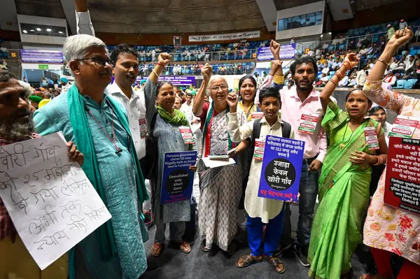 stock image NEW DELHI INDIA AUGUST 24 2023 Medha Patkar Social Activist during the National Convention of Workers and Farmers jointly organized by the Central Trade Unions Federations and the Samyukt Kisan Morcha at Talkatora Stadium on August 24 2023 in New Del