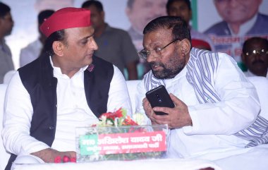 LUCKNOW INDIA AUGUST 21 2023 Samajwadi Party National President Akhilesh Yadav and SP leader Swami Prasad Maurya duing OBC convention at Indira Gandhi Pratishthan on August 21 2023 in Lucknow India Photo by Deepak Gupta Hindustan Times clipart