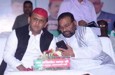 LUCKNOW INDIA AUGUST 21 2023 Samajwadi Party National President Akhilesh Yadav and SP leader Swami Prasad Maurya duing OBC convention at Indira Gandhi Pratishthan on August 21 2023 in Lucknow India Photo by Deepak Gupta Hindustan Times clipart