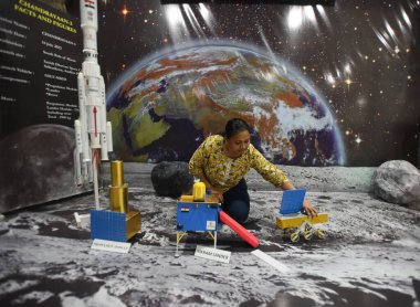 NEW DELHI INDIA AUGUST 21 2023 Prerna Chandra Program Manager Nehru Planetarium describe Chandrayaan 3 mission with the help of replica during an an exhibition at Nehru taramandal on August 21 2023 in New Delhi India Photo by Sonu Mehta Hindustan clipart