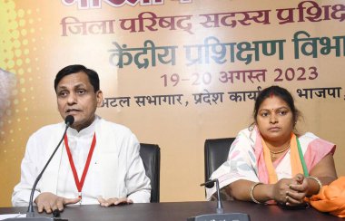 PATNA INDIA 20 AĞUSTOS 2023 Birlik Bakanı Nityanand Rai, 20 Ağustos 2023 tarihinde BJP ofisinde Zila Parishad Sadasya Prashikshan Varg sırasında konferansını veriyor. Fotoğraf: Santosh Kumar Hindustan Times