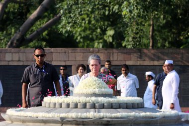 NEW DELHI INDIA AUGUST 20 2023 Congress leader Sonia Gandhi paying tribute on the 79th birth anniversary of Former Prime Minister of India Rajiv Gandhi at Vir Bhumi Rajghat on August 20 2023 in New Delhi India Rajiv Gandhi who served as the 7th Prime clipart