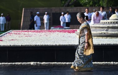 NEW DELHI INDIA AUGUST 20 2023 Congress leader Sonia Gandhi after paying tribute to former prime minister Rajiv Gandhi on his 79th birth anniversary at Veer Bhumi on August 20 2023 in New Delhi India Rajiv Gandhi who served as the 7th Prime Minister  clipart