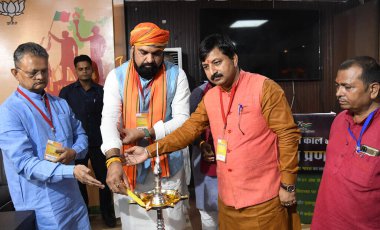 PATNA INDIA AUGUST 19 2023 Bihar BJP president Samrat Choudhary lighting the lamp to inaugurating Zila Parishad Sadasya Prashikshan Varg at BJP office on August 19 2023 in Patna India Photo by Santosh Kumar Hindustan Times clipart