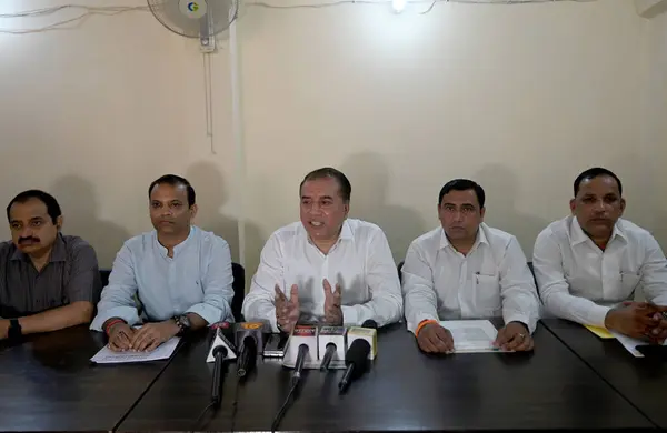 stock image NOIDA INDIA AUGUST 21 2023 BJP Noida wing president Manoj Gupta addressing media at Noida media club in sector 29 on August 21 2023 in Noida India Manoj Gupta in a press briefing said they will file a complaint against an IAS officer BN Singh for vio