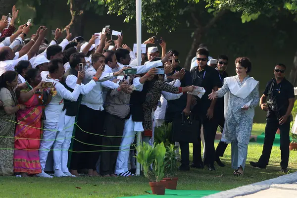 stock image NEW DELHI INDIA AUGUST 20 2023 Congress leader Priyanka Gandhi meeting party workers during a visit to tribute on the 79th birth anniversary of Former Prime Minister of India Rajiv Gandhi at Vir Bhumi Rajghat on August 20 2023 in New Delhi India Raji