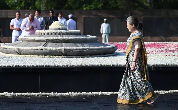 stock image NEW DELHI INDIA AUGUST 20 2023 Congress leader Sonia Gandhi after paying tribute to former prime minister Rajiv Gandhi on his 79th birth anniversary at Veer Bhumi on August 20 2023 in New Delhi India Rajiv Gandhi who served as the 7th Prime Minister 