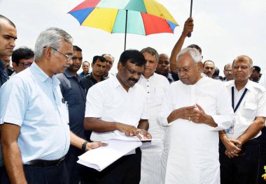 PATNA, INDIA, AUGUST 18, 2023 Bihar Chief Minister Nitish Kumar visiting after inaugurating newly constructed Directorate of Civil Aviation building at Patna Airport on August 18 2023 clipart