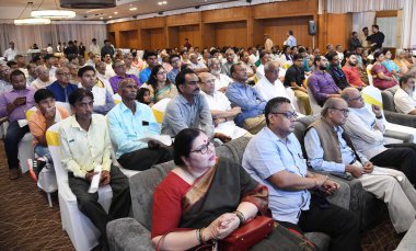 PATNA INDIA AUGUST 18 2023 Ashutosh Varshaney addresses during Manoj Shrivastav Memorial Lecture at Hotel Maurya on August 18 2023 in Patna India Photo by Santosh Kumar Hindustan Times clipart