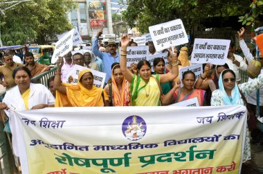 PATNA INDIA AUGUST 17 2023 State Secondary Teacher and Non Teaching Staff Federation members taking out rally in support of their various demands at Kargil Chowk on August 17 2023 in Patna India Photo by Santosh Kumar Hindustan Times clipart