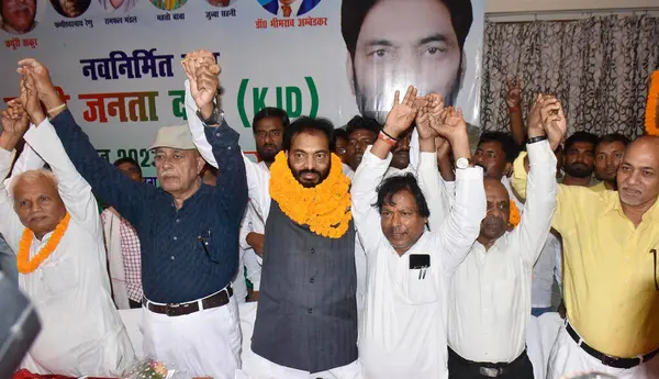 stock image PATNA INDIA AUGUST 17 2023 Former JDU MLC Rambadan Rai form a new party Karpoori Janata Dal during a press conference at Hotel Chanakya on August 17 2023 in Patna India Photo by Santosh Kumar Hindustan Times