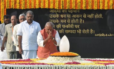 NEW DELHI INDIA AUGUST 16 2023 President Droupadi Murmu Prime Minister Narendra Modi and Union Home Minister Amit Shah Defance Minister Rajnath Singh attend a prayer meeting after paying tribute to former prime minister Atal Bihari Vajpayee on his de clipart